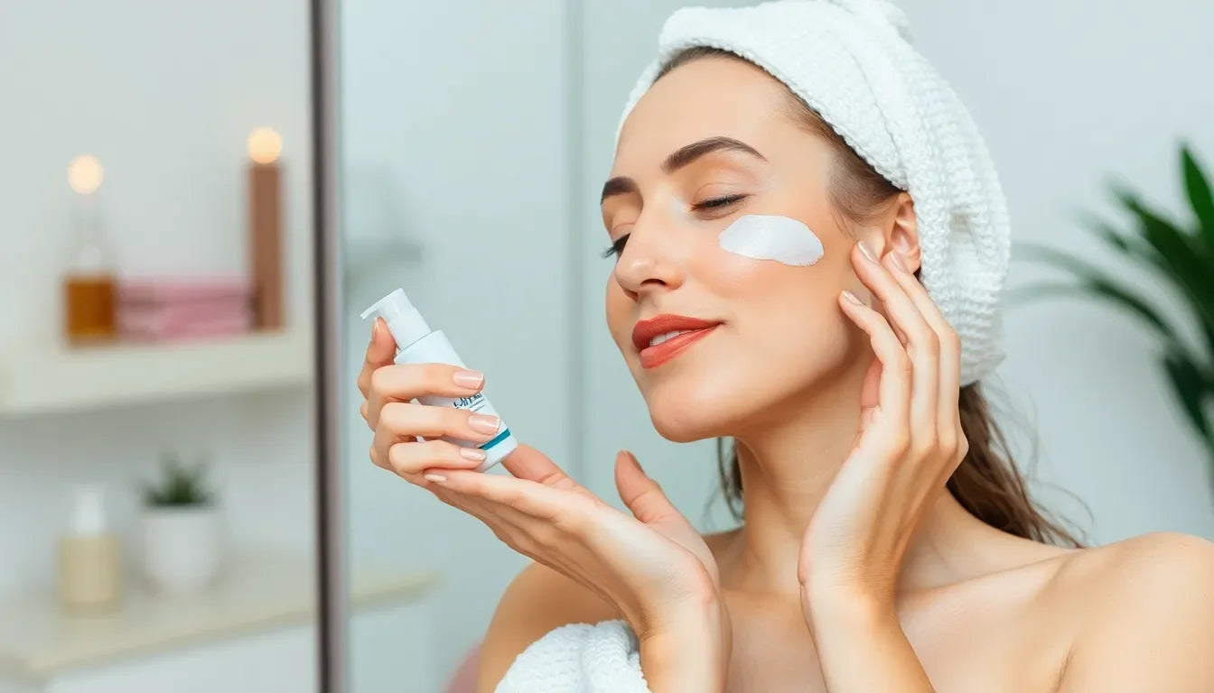 Woman with towel on head applying face cream in bathroom skincare routine