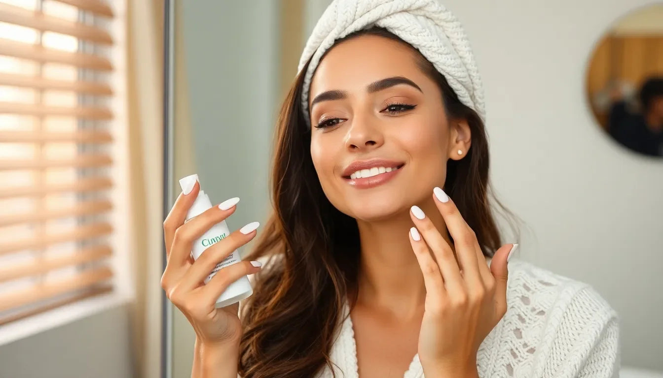 Woman in white knitwear applying skincare serum in bright room with wooden blinds