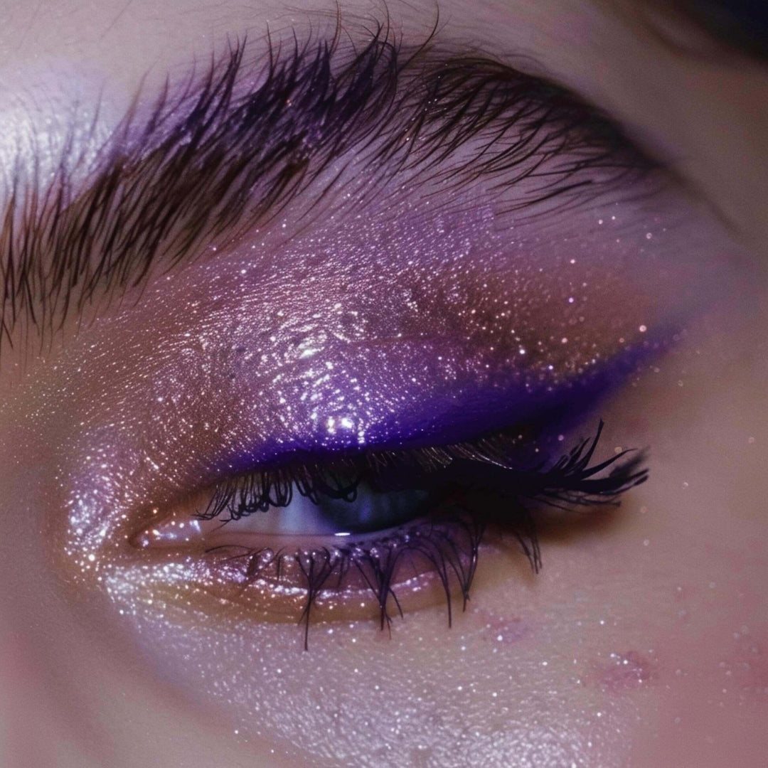 Close-up of eye with purple glitter eyeshadow and bold violet eyeliner on eyelid