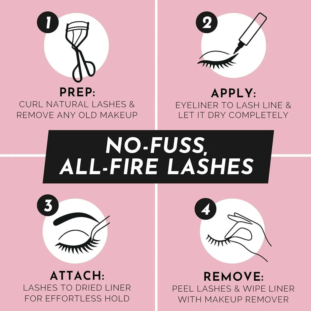 Instructions for applying false lashes: prep lashes, apply eyeliner, attach lashes, and remove with makeup remover