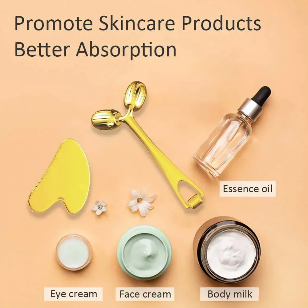 Skincare products including essence oil, eye cream, face cream, and body milk with a gold facial roller and gua sha on peach background