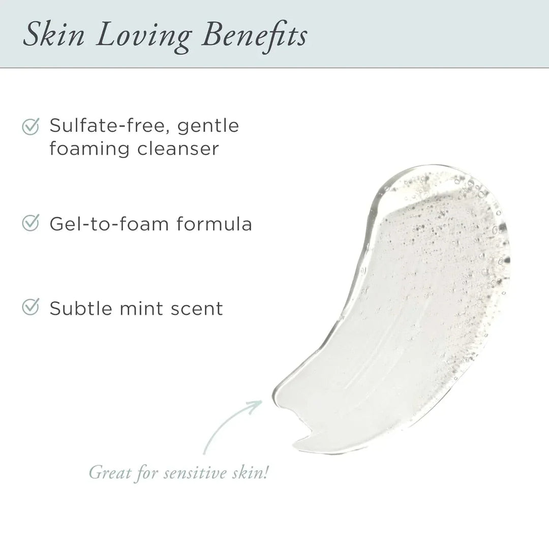 Clear gel cleanser swatch with text listing sulfate-free, gel-to-foam formula, and subtle mint scent benefits