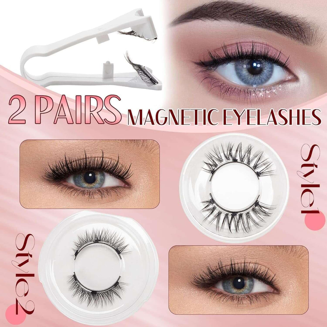 Two pairs of magnetic eyelashes with applicator tool and close-up eye images showcasing Style 1 and Style 2 lashes