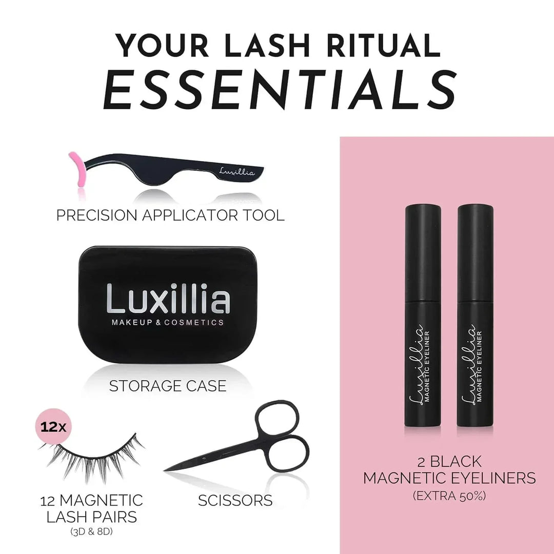 Luxillia lash ritual essentials kit with magnetic lash pairs, precision applicator, scissors, storage case, and black magnetic eyeliners