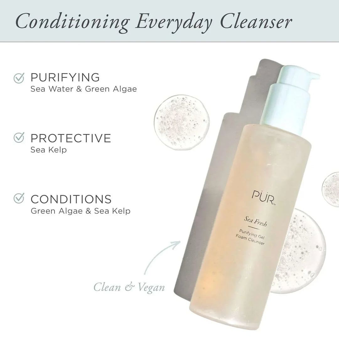 Purifying gel foam cleanser with sea water, green algae, sea kelp; clean and vegan daily skincare
