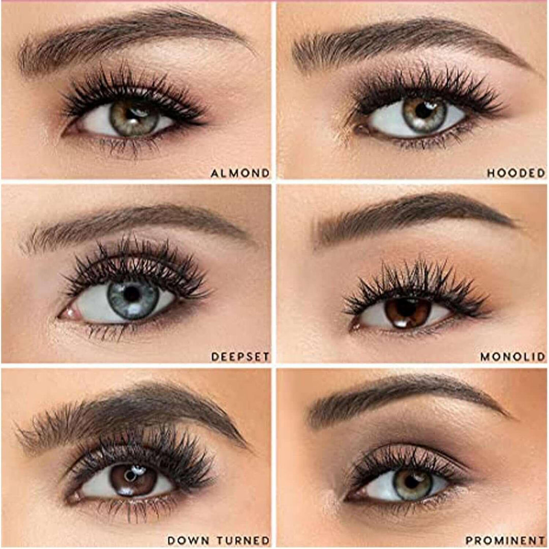 Close-up of six eye shapes labeled almond, hooded, deepset, monolid, down turned, and prominent with makeup