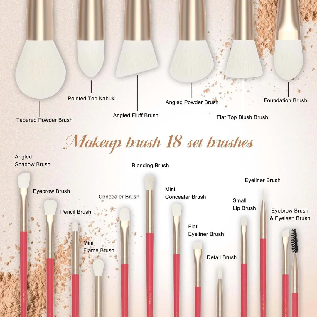 Complete 18-piece makeup brush set with gold and red handles, including powder, blush, concealer, and eyebrow brushes