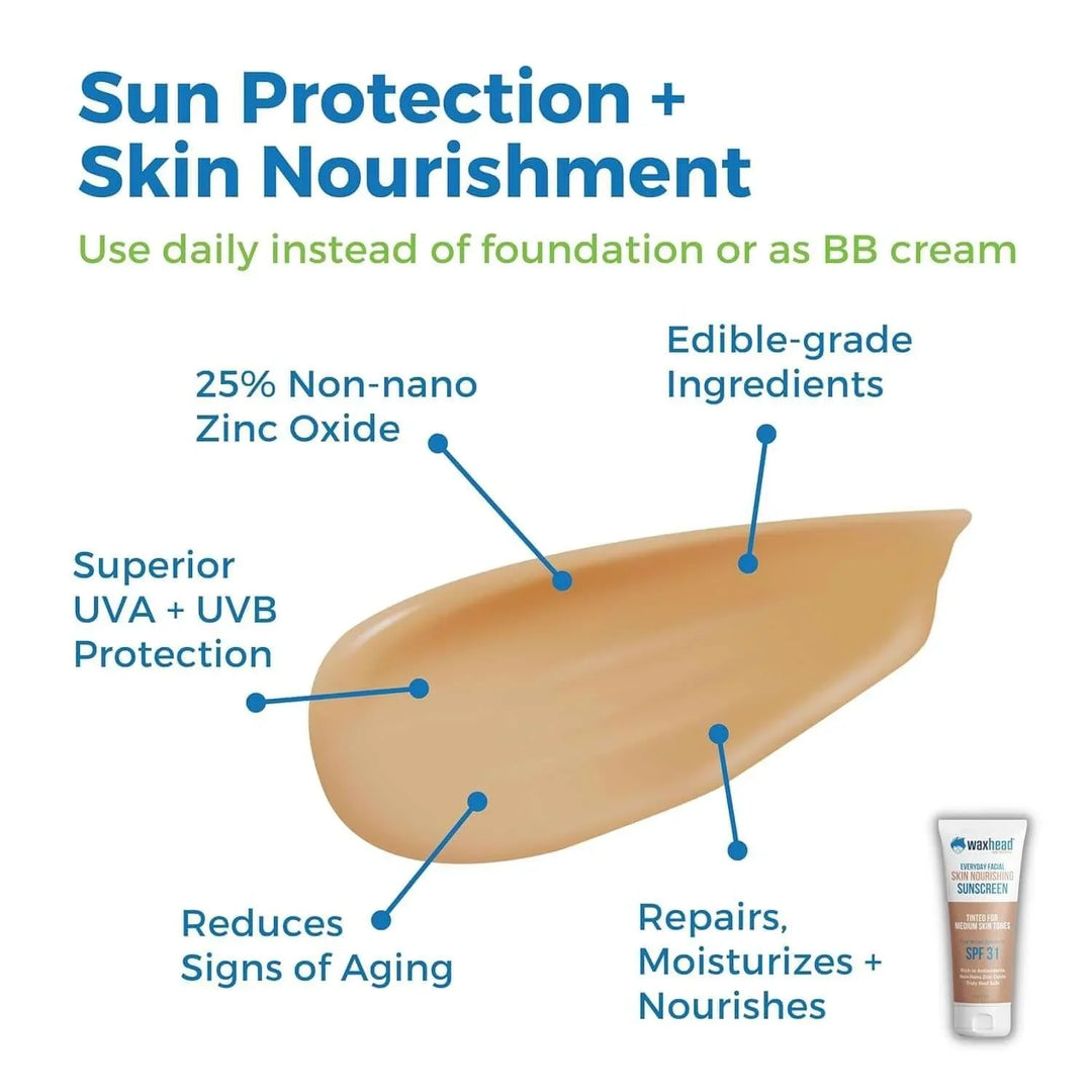 Tinted sunscreen with SPF 31 offering sun protection, skin nourishment, and anti-aging benefits
