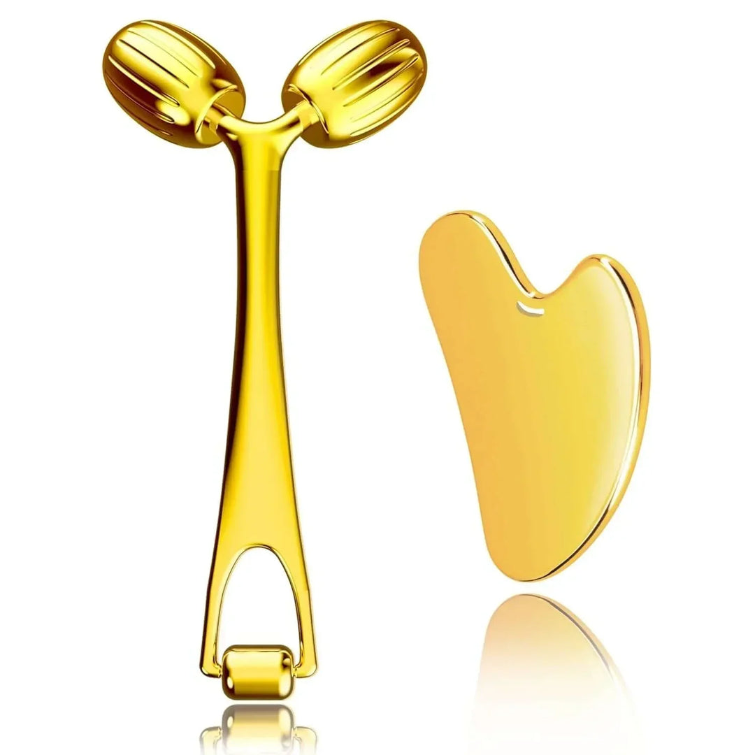 Gold facial massage roller with dual ergonomic heads and gua sha scraping tool