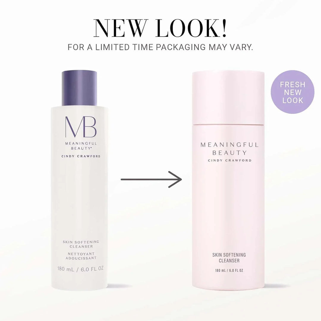 Meaningful Beauty skin softening cleanser packaging change from white with purple cap to pink bottle with updated label