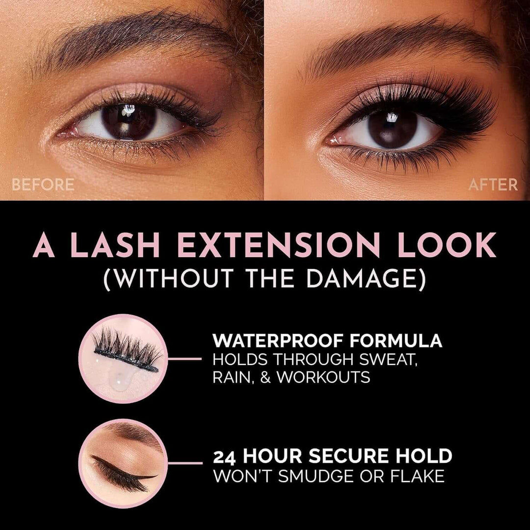 Before and after close-up of eye showing natural lashes vs. full lash extensions with waterproof, 24-hour hold