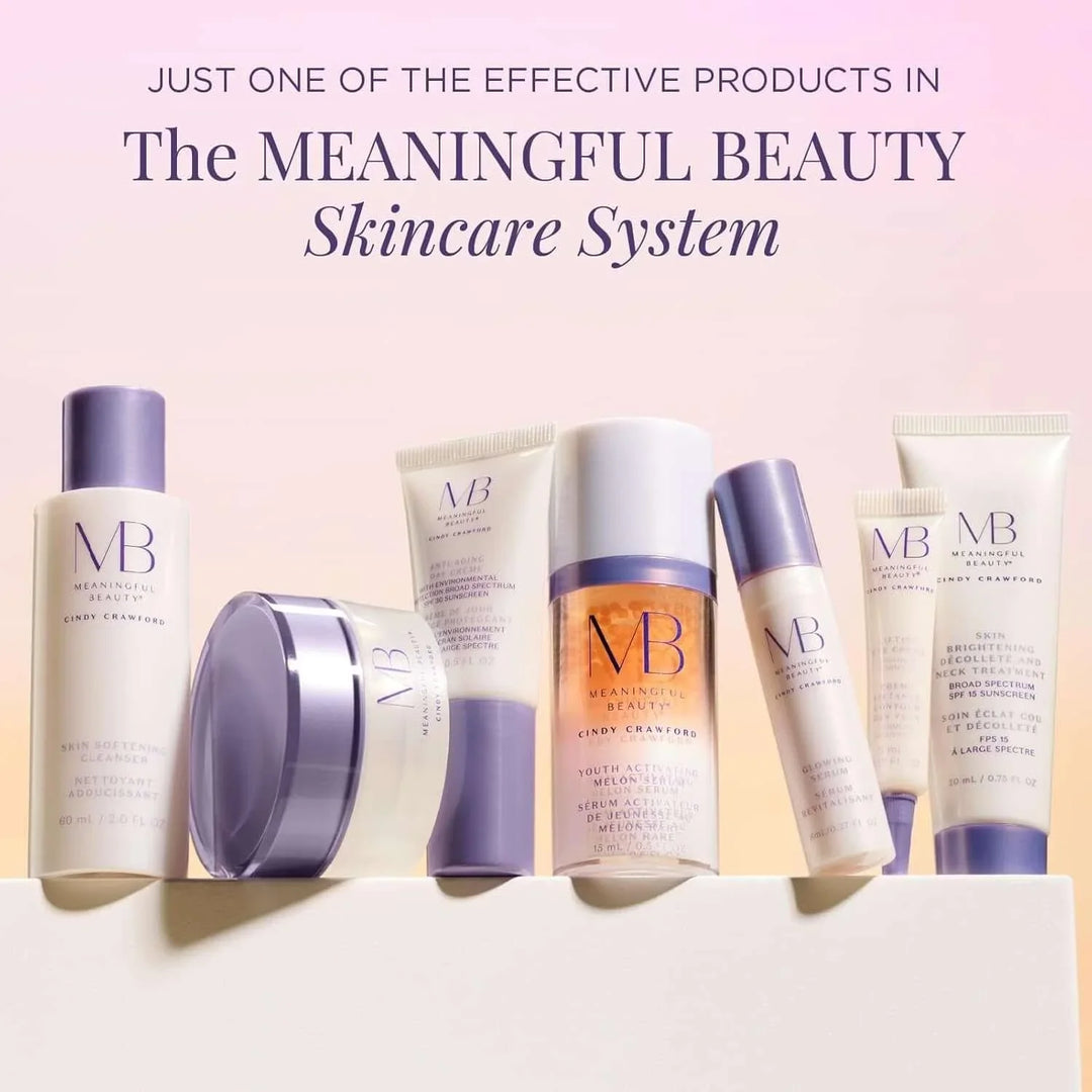 Meaningful Beauty skincare products by Cindy Crawford on white platform with pink background