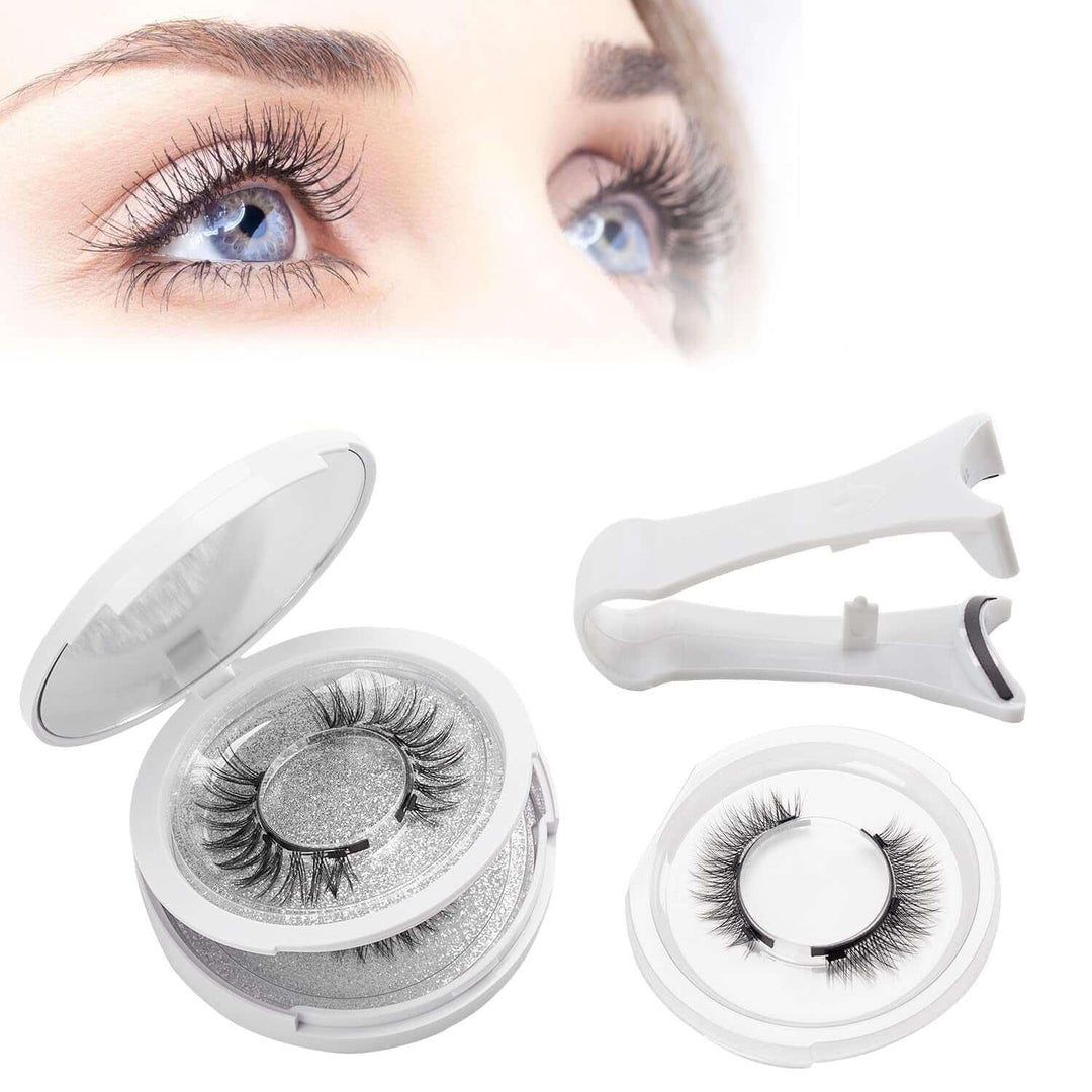 Close-up of blue eyes with long lashes, magnetic false eyelashes with white applicator tool