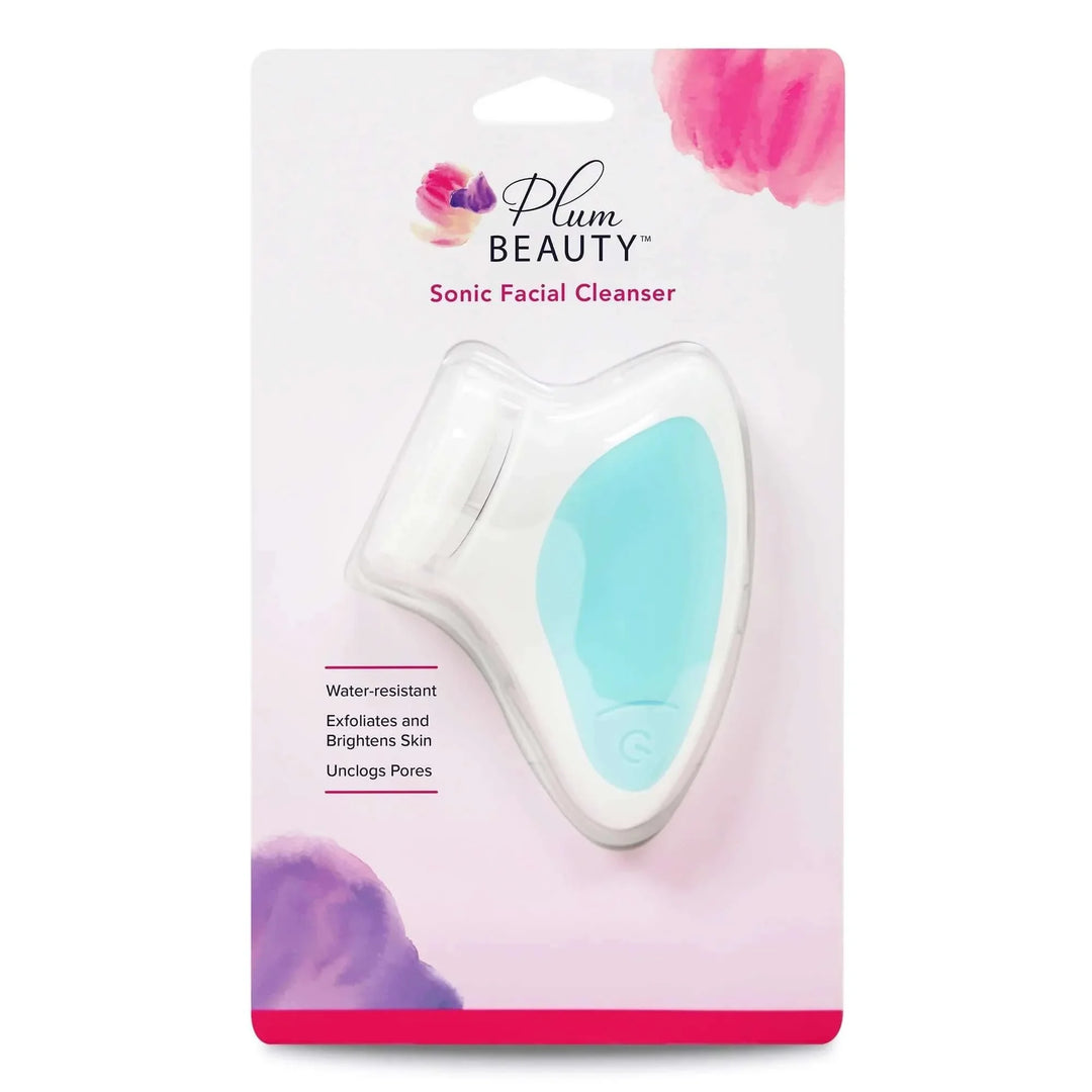 Plum Beauty Sonic Facial Cleanser in blue and white packaging, water-resistant skincare tool