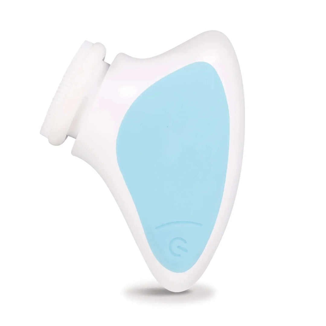 White and blue handheld electric facial cleansing brush with soft bristles