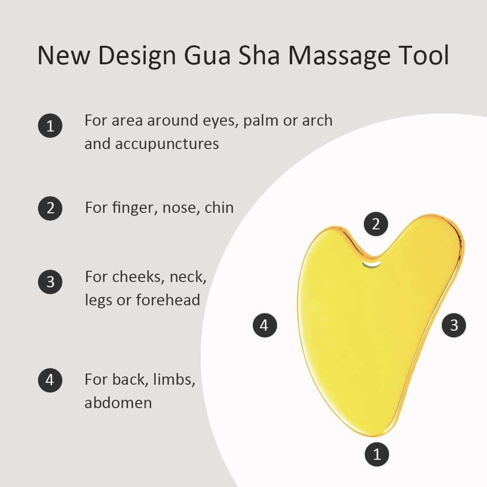 Yellow gua sha massage tool with labeled edges for use on eyes, nose, cheeks, back, and limbs