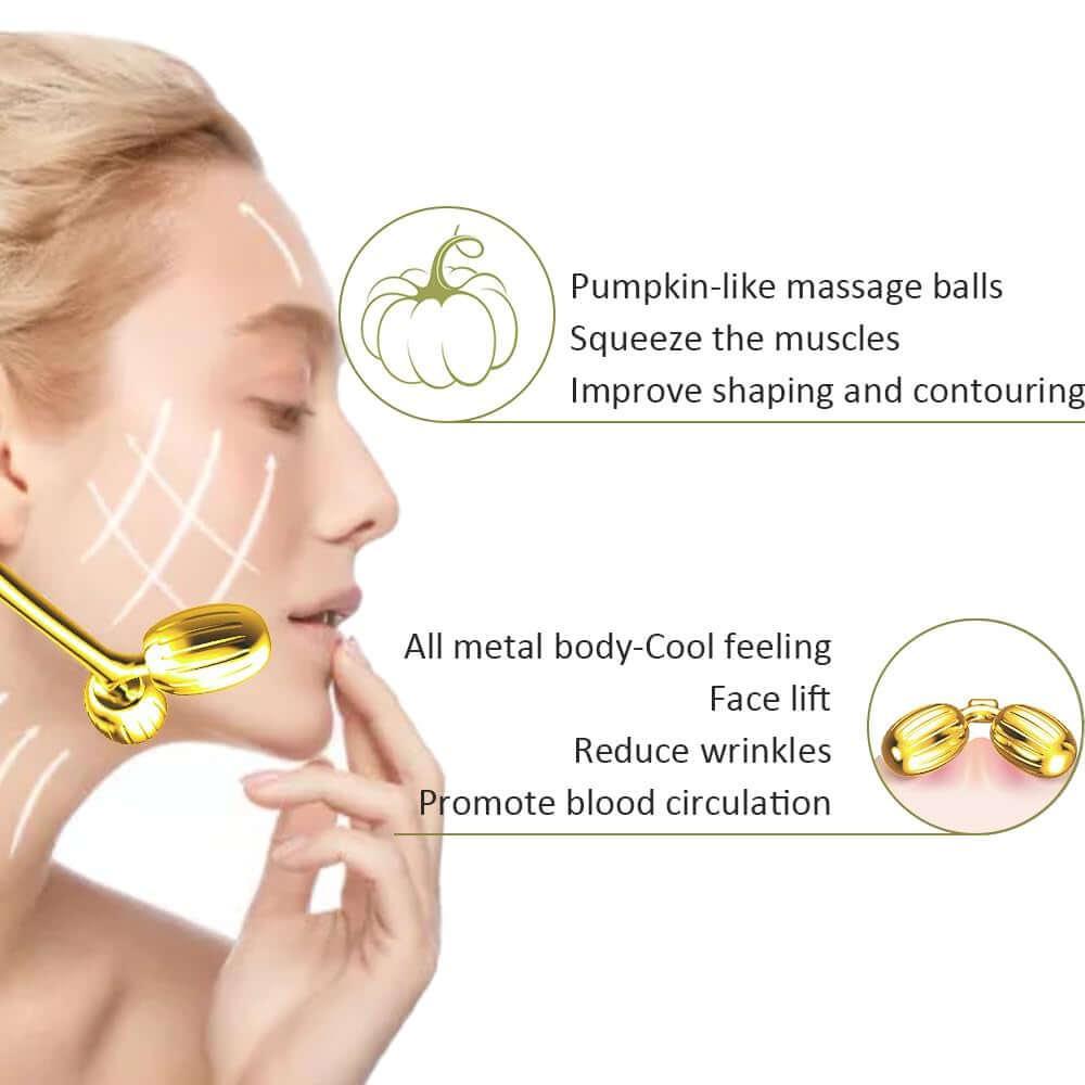 Woman using a gold metal face roller with pumpkin-like massage balls for facial massage, face lift, and wrinkle reduction
