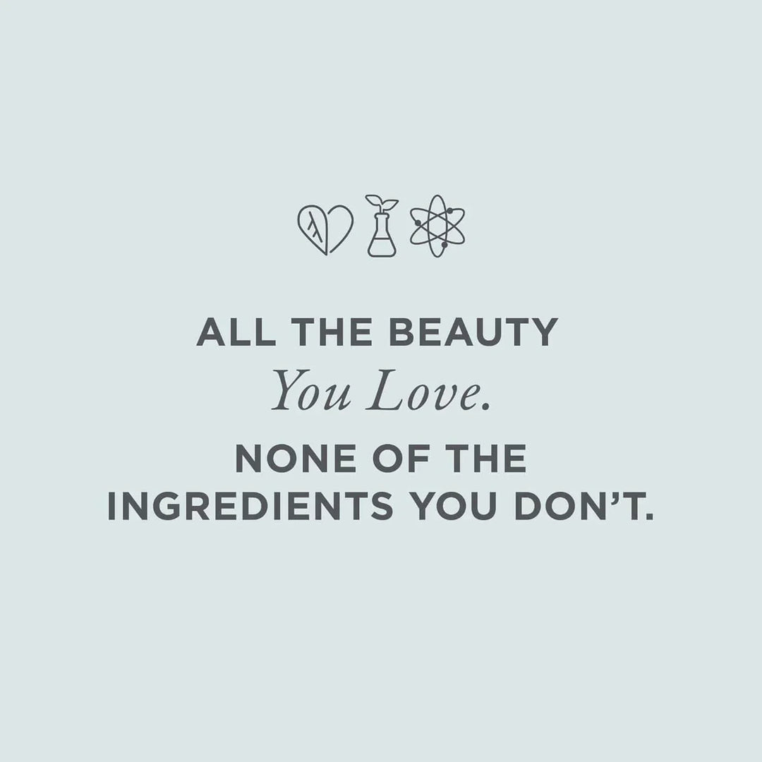 Inspirational beauty quote on light blue background with plant, heart, and atom icons