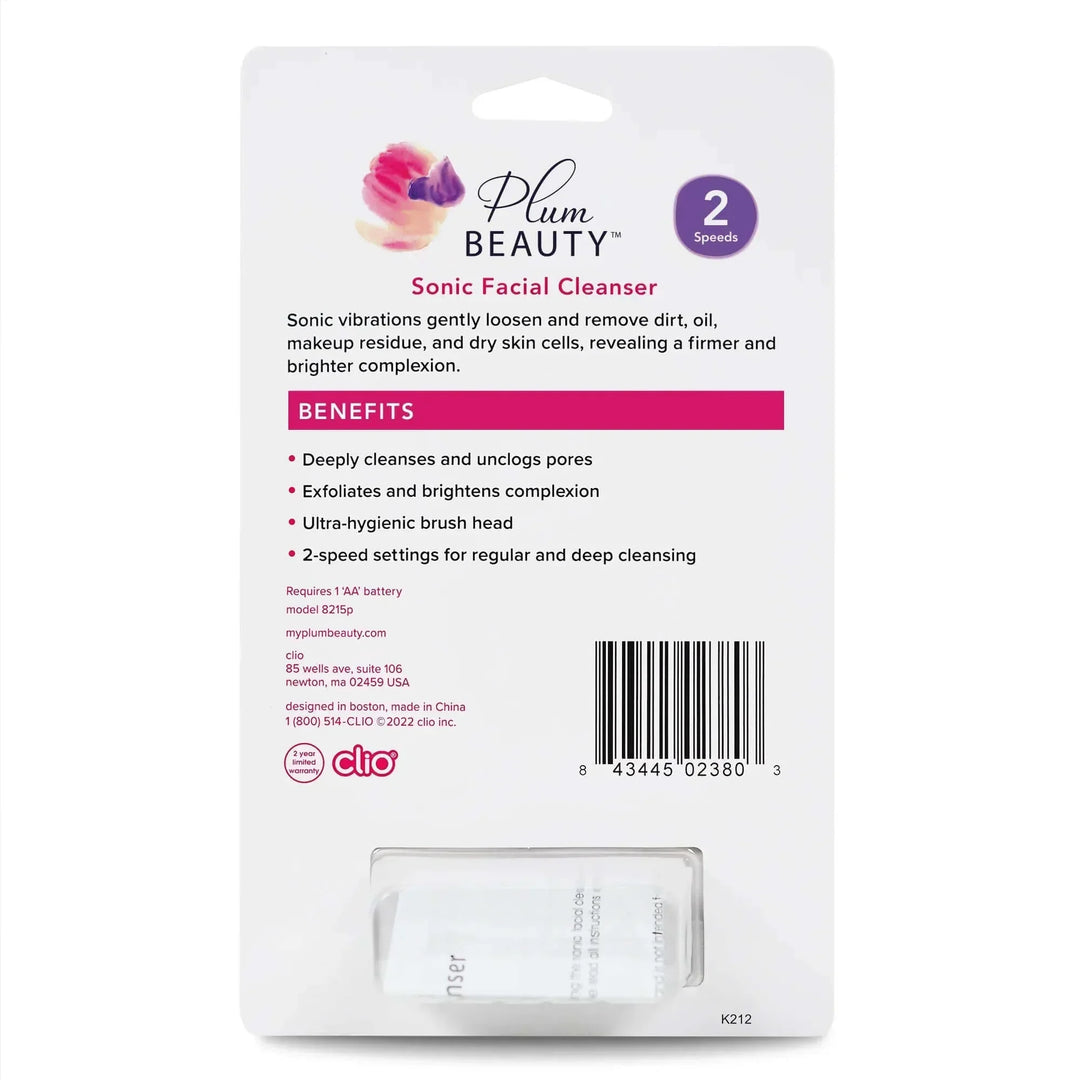 Plum Beauty Sonic Facial Cleanser packaging with benefits and 2-speed feature on white background