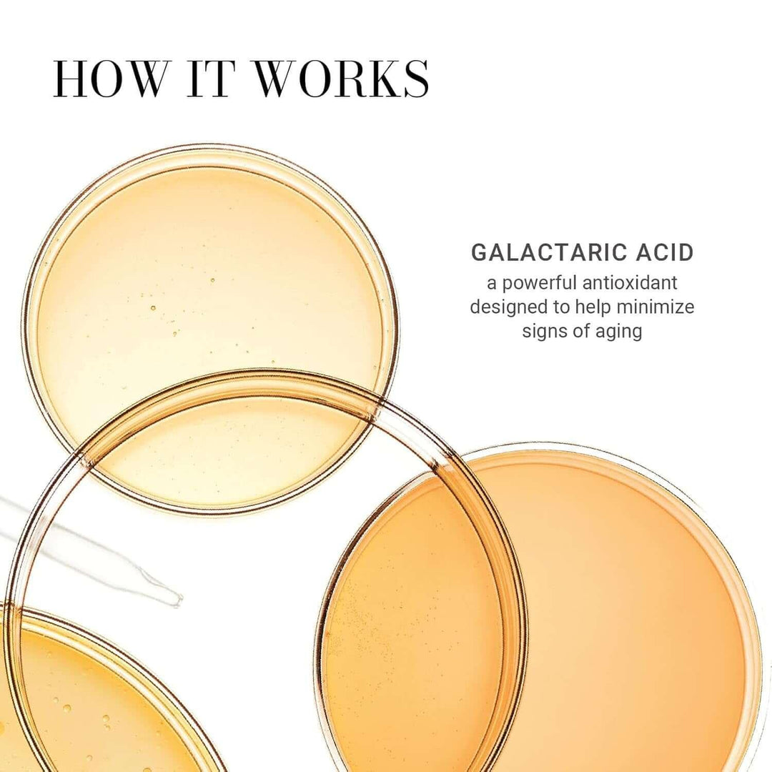 Close-up of overlapping petri dishes with amber liquid and text highlighting galactaric acid antioxidant for aging
