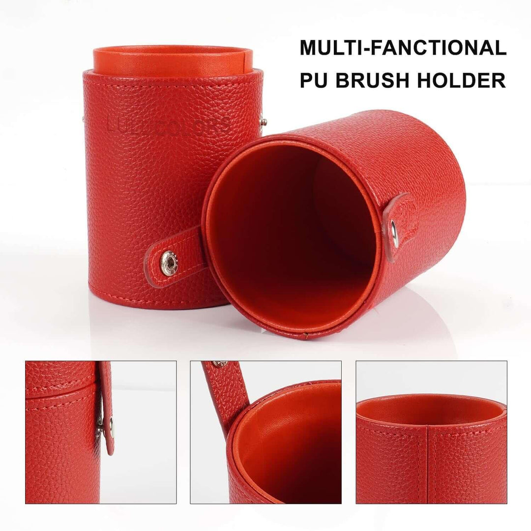 Red multi-functional PU leather brush holder with snap button and textured surface