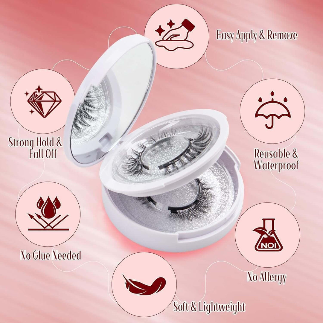 Magnetic false eyelashes in white case with quick benefits like no glue needed, waterproof, soft, lightweight