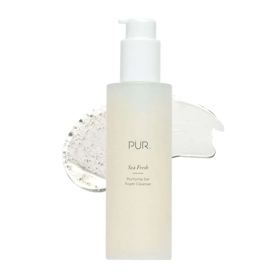 Pur Sea Fresh Purifying Gel Foam Cleanser in frosted pump bottle with gel texture swatch
