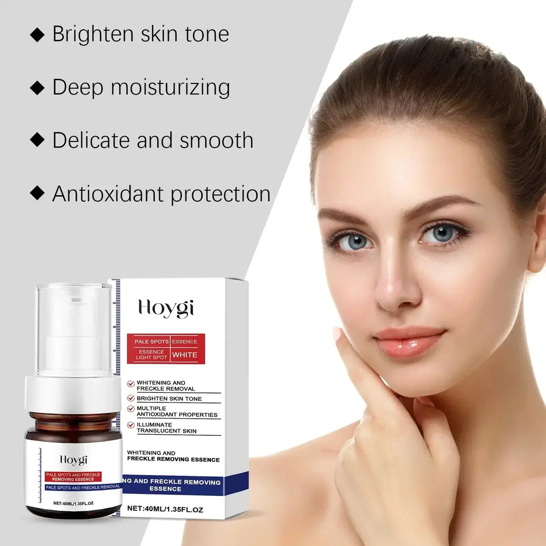 Hoygi whitening and freckle removing essence bottle and box with young woman showing bright clear skin