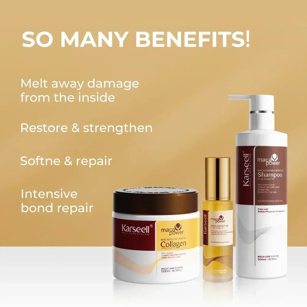 Karseell Maca Power hair care products including collagen repair cream, essence oil, and shampoo with benefits listed