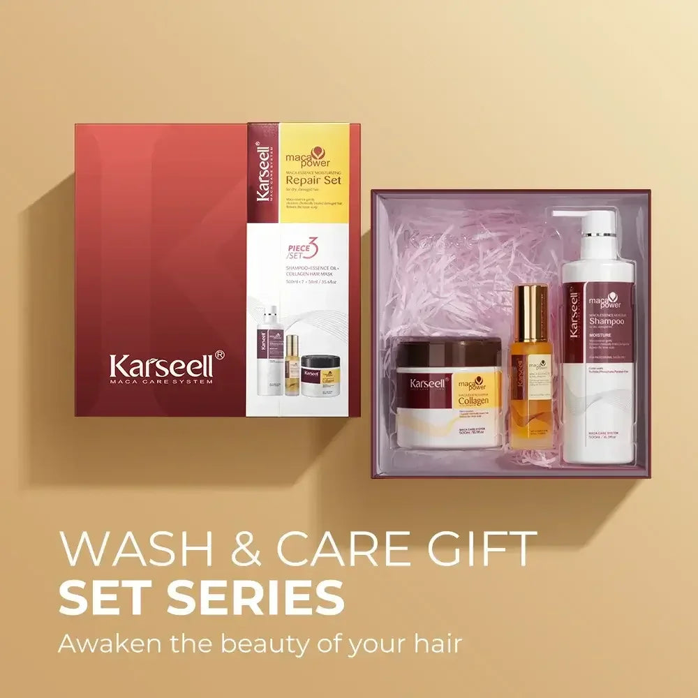 Karseell Maca Power Repair Set with Collagen hair mask, shampoo, and essence oil in gift box