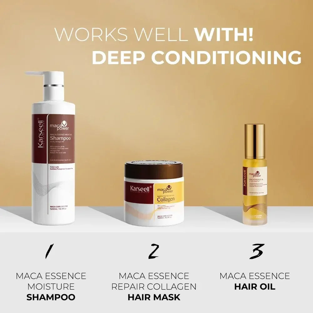 Karseell Maca Essence hair care products including moisture shampoo, repair collagen hair mask, and hair oil