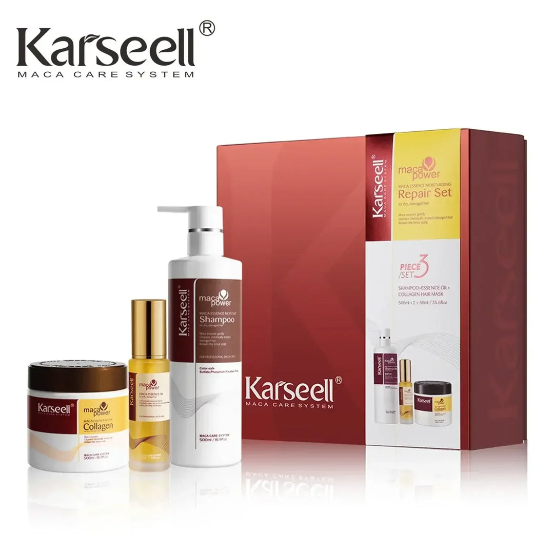 Karseell Maca Power hair care repair set with shampoo, collagen mask, and essence oil in red packaging