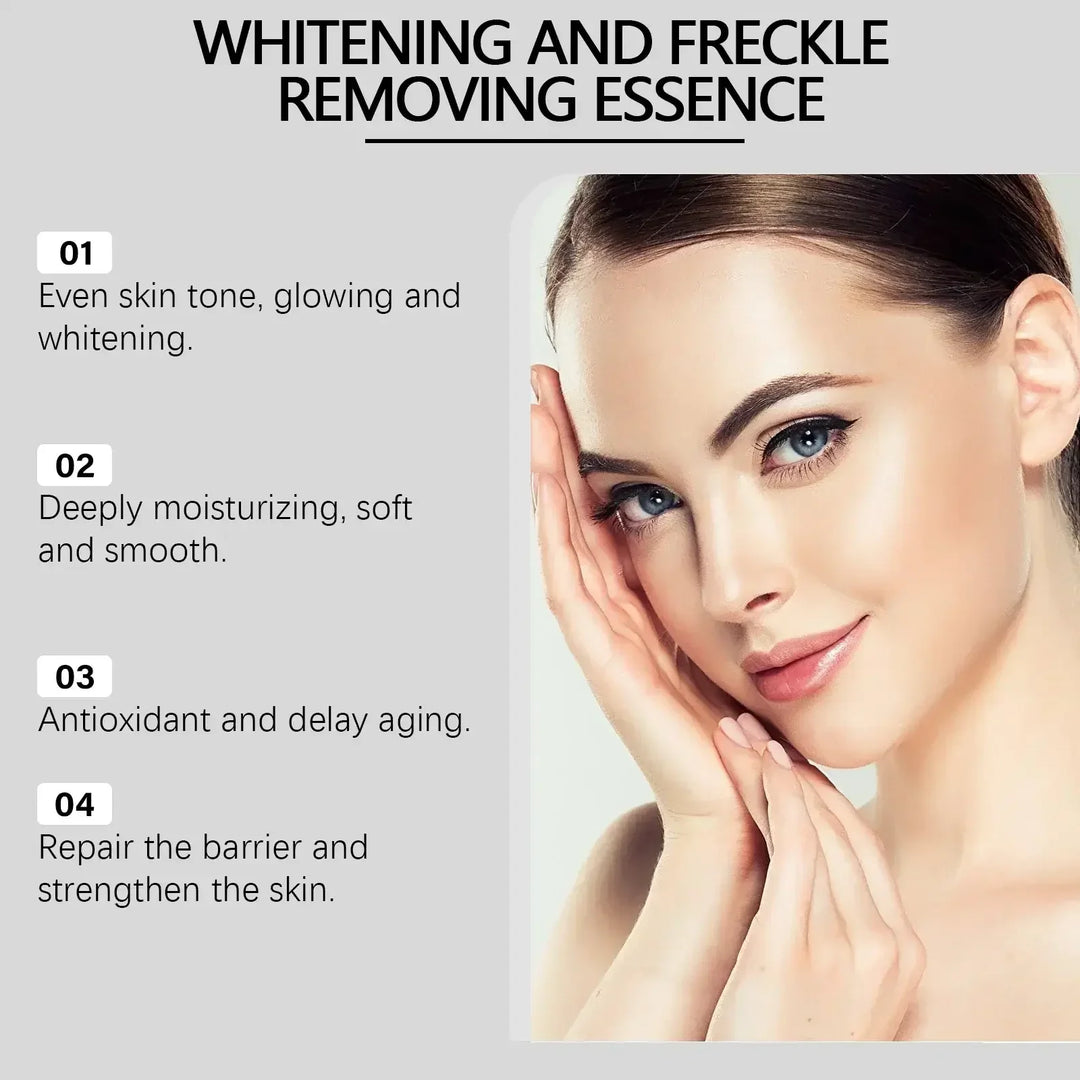 Portrait of woman with glowing, even skin promoting whitening and freckle removing essence benefits