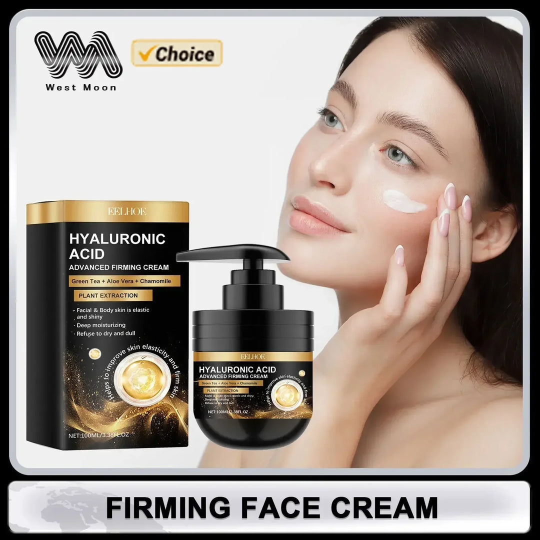 Woman applying hyaluronic acid advanced firming face cream with green tea, aloe vera, and chamomile