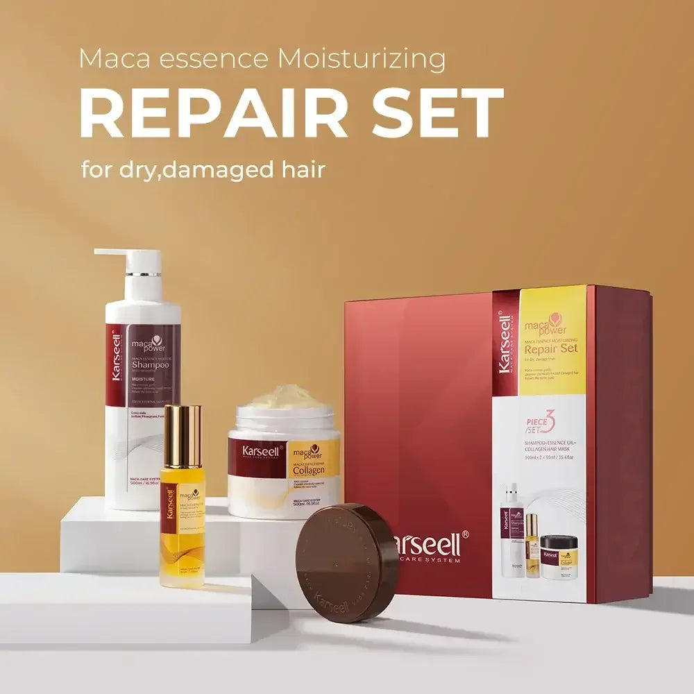 Karseell Maca essence moisturizing repair set for dry damaged hair with shampoo, hair mask, oil, and soap