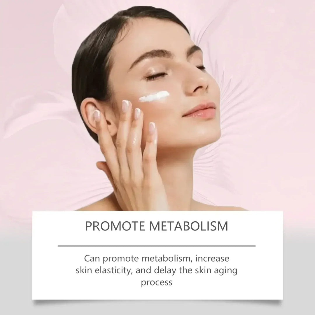 Woman applying cream to face on pink background promotes skin metabolism and elasticity