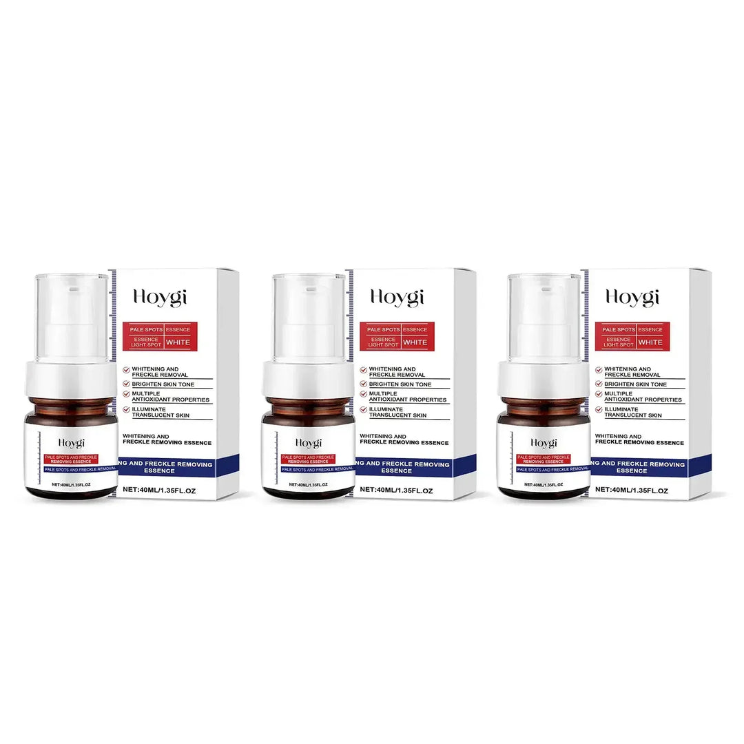 Hoygi whitening and freckle removing essence bottles with white and red packaging, 40ml each