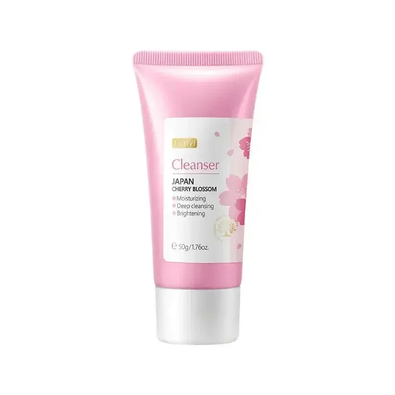 Pink tube of Japan Cherry Blossom facial cleanser with moisturizing, deep cleansing, and brightening benefits