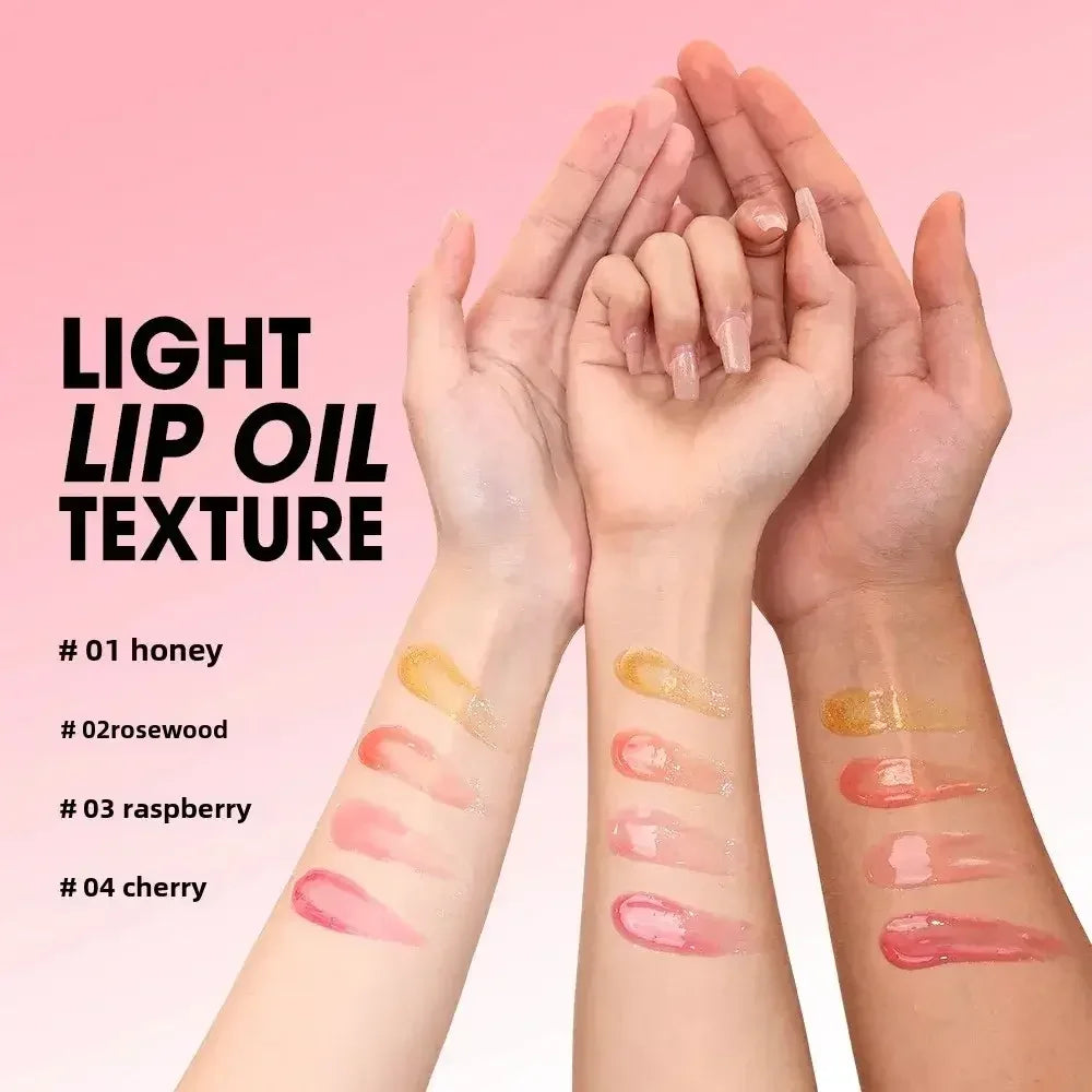 Light lip oil texture swatches on three diverse skin tones showing shades honey, rosewood, raspberry, and cherry
