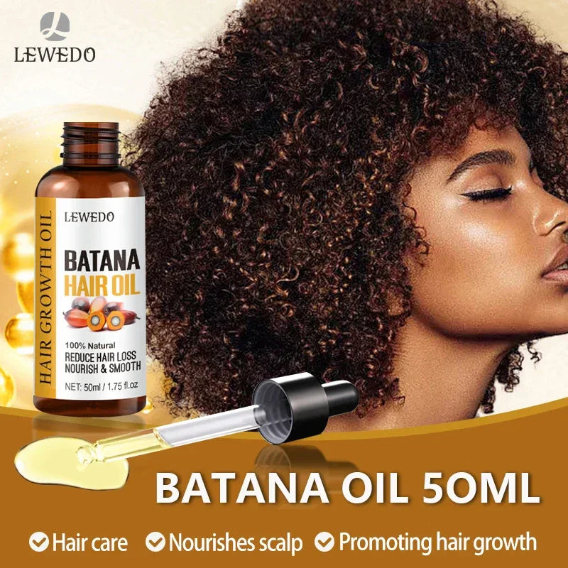 Bottle of Lewedo Batana Hair Oil with dropper and woman with thick curly hair promoting hair growth and scalp nourishment