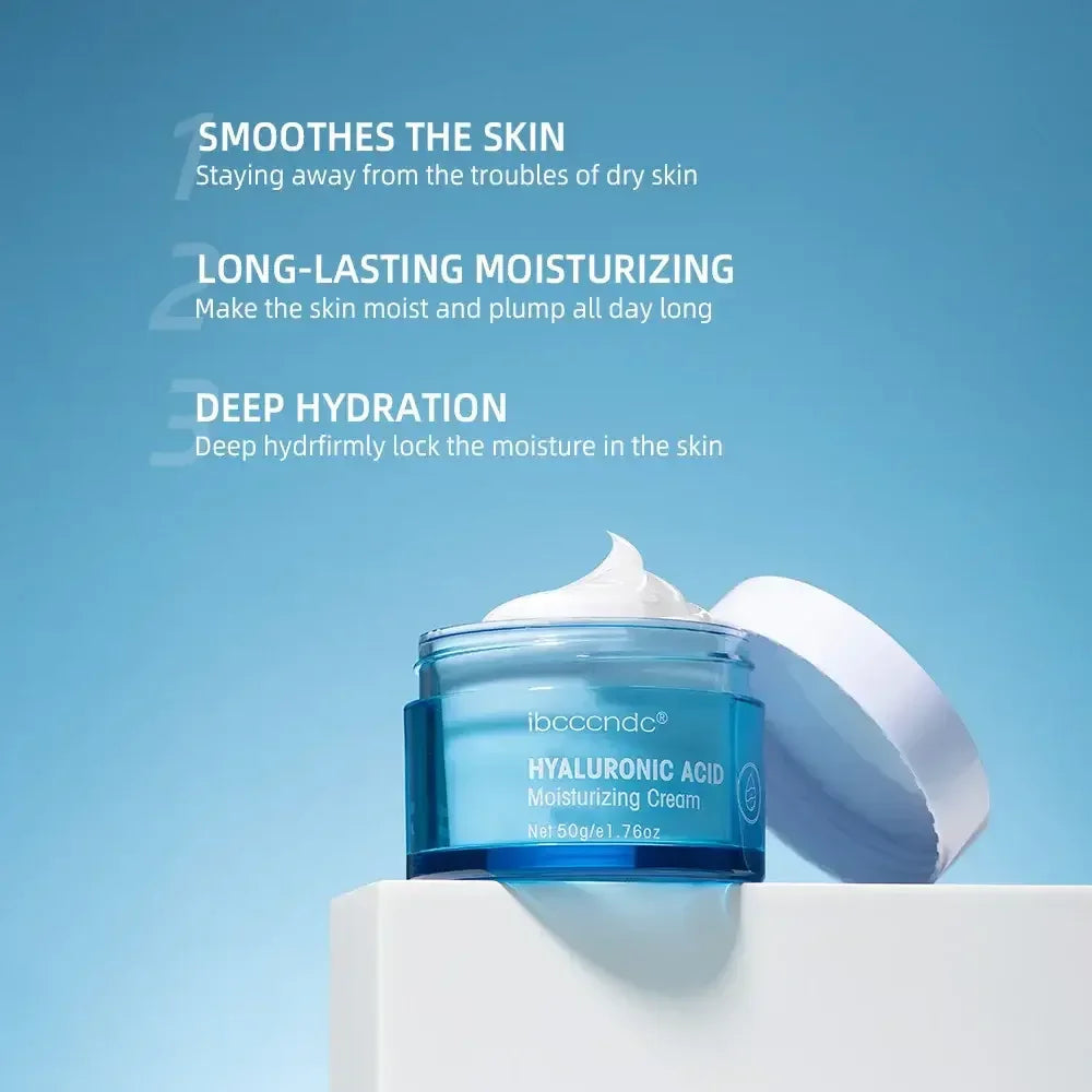 Hyaluronic acid moisturizing cream jar with white lid on white surface, blue background, skin hydration benefits