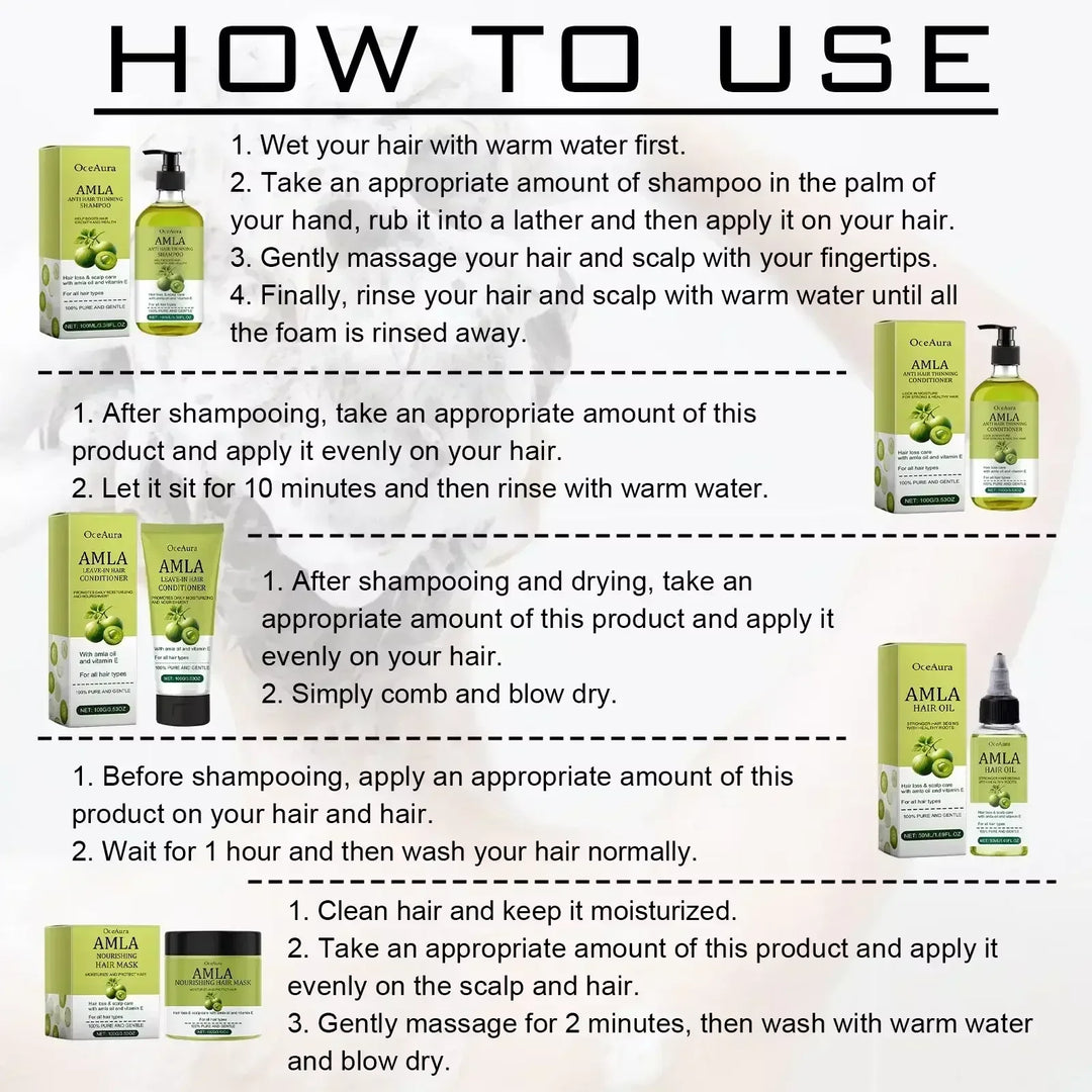 OceAura AMLA hair care products with step-by-step usage instructions for shampoo, conditioner, hair oil, and hair mask