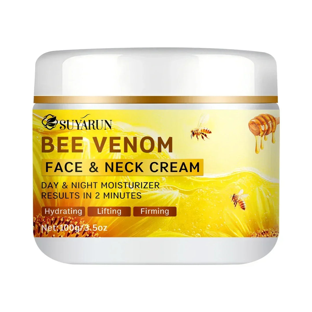 Suyarun Bee Venom face and neck cream jar with honey and bees on yellow label