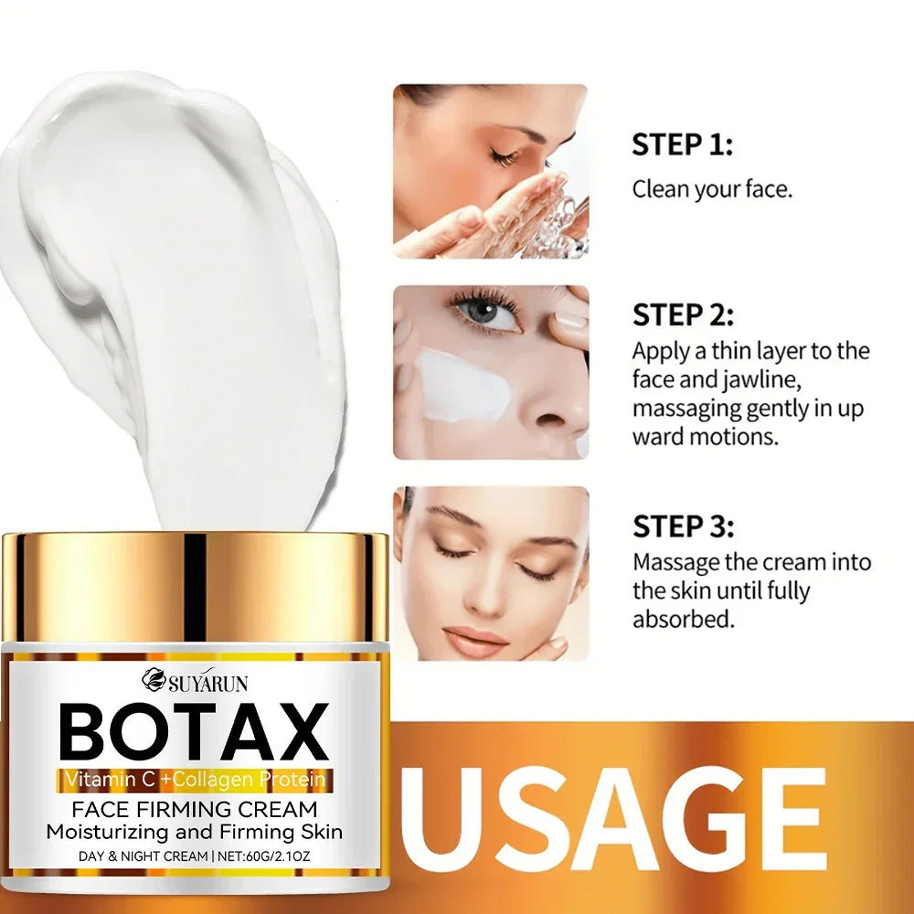 Botax Vitamin C Collagen face firming cream with step-by-step usage instructions for moisturizing skin