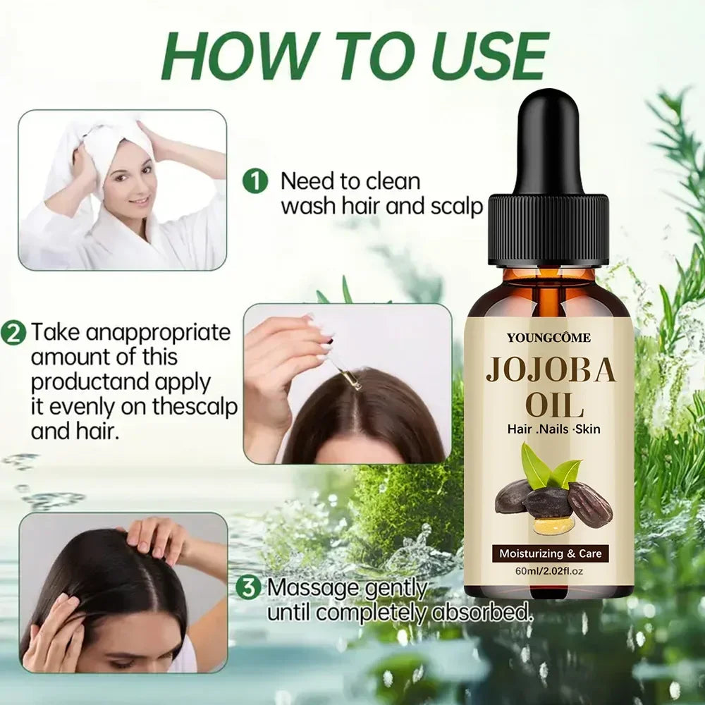 Jojoba oil bottle with step-by-step hair and scalp application guide for moisturizing and care