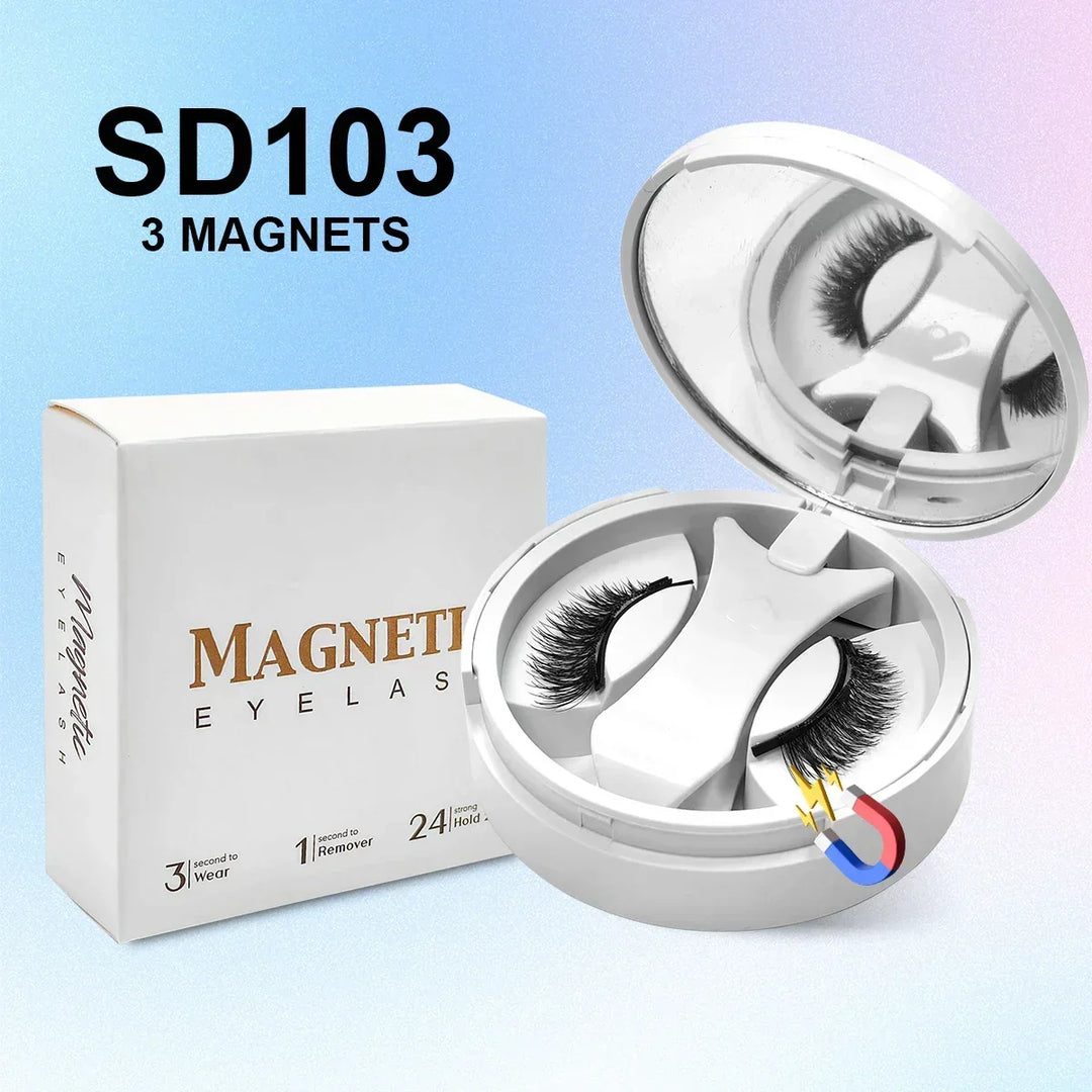 SD103 magnetic false eyelashes with 3 magnets in white round case and packaging box