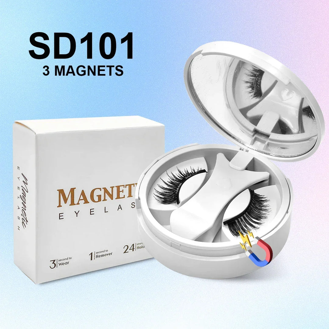 SD101 magnetic eyelashes with 3 magnets in white round case and packaging box on gradient background