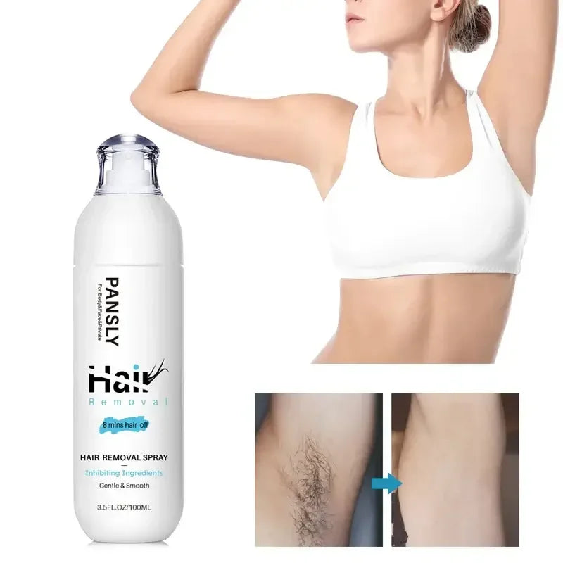 Pansly hair removal spray bottle with before and after photos of smooth underarm skin and woman showing hair-free armpit