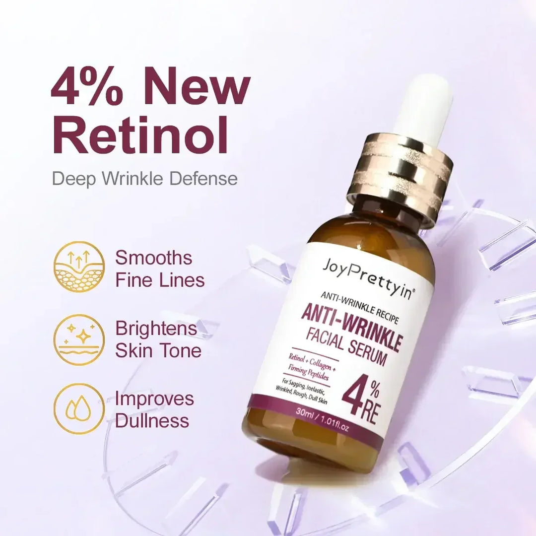 JoyPrettyin 4% Retinol Anti-Wrinkle Facial Serum bottle with benefits: smooths fine lines, brightens skin tone, improves dullness