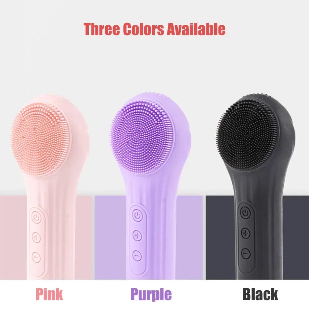 Three silicone facial cleansing brushes in pink, purple, and black with control buttons